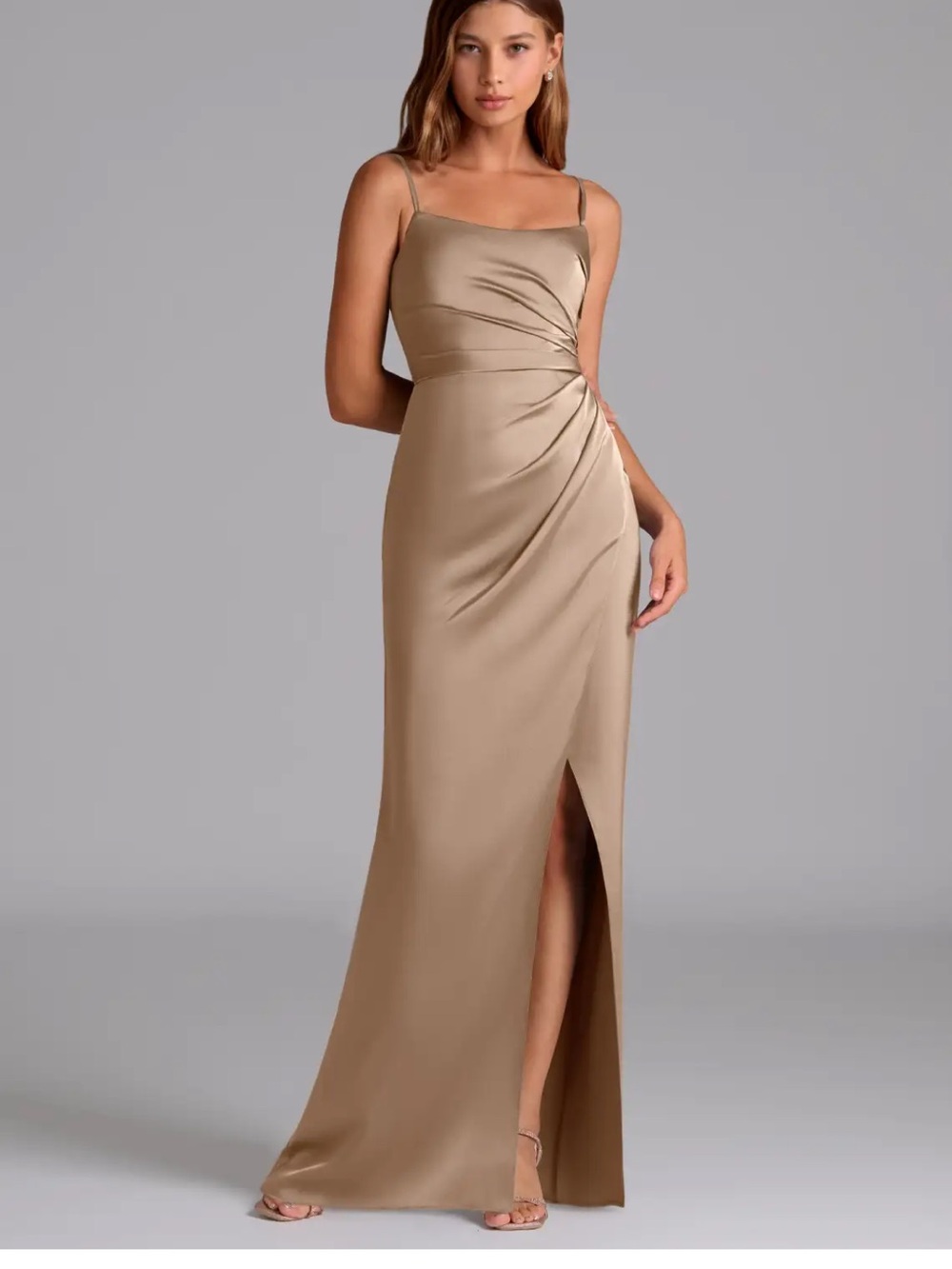 Azazie Calandra Sleeveless Taupe A-Line Pleated Stretch Satin Dress